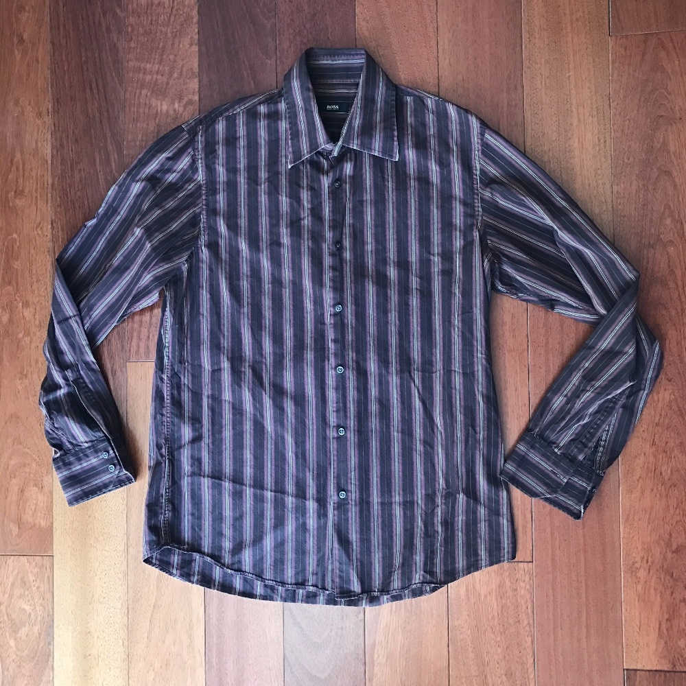 Hugo Boss Mens Black Dress Shirt Black Red Striped Sz 34/35 Neck 16